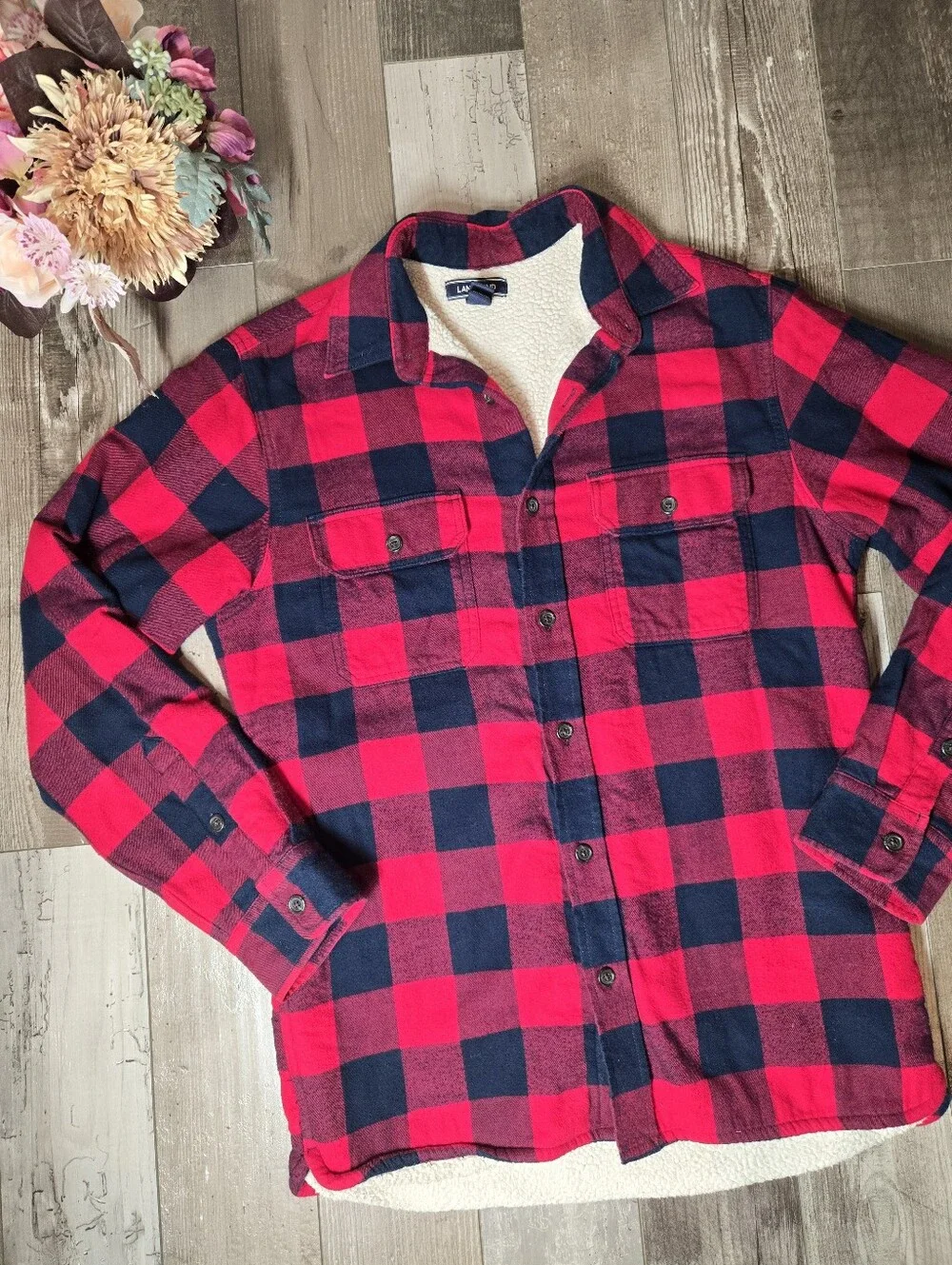 Lands’ End Red & Navy Buffalo Plaid Sherpa-Lined Shacket Men's Size Small
